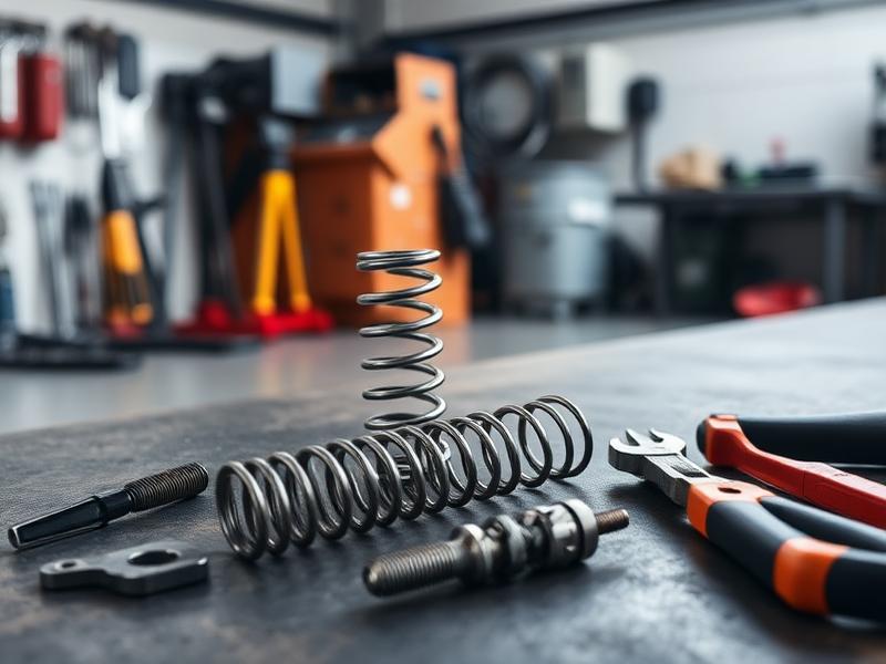Garage door repair parts including springs and tools on workbench