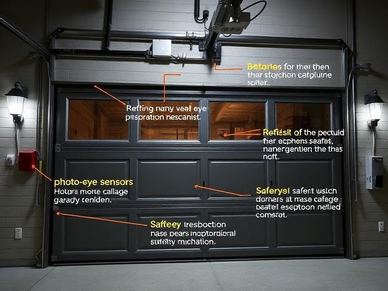 Modern garage door with safety features including photo-eye sensors highlighted