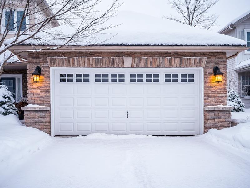 Residential garage door in winter with snow on ground and frost visible
