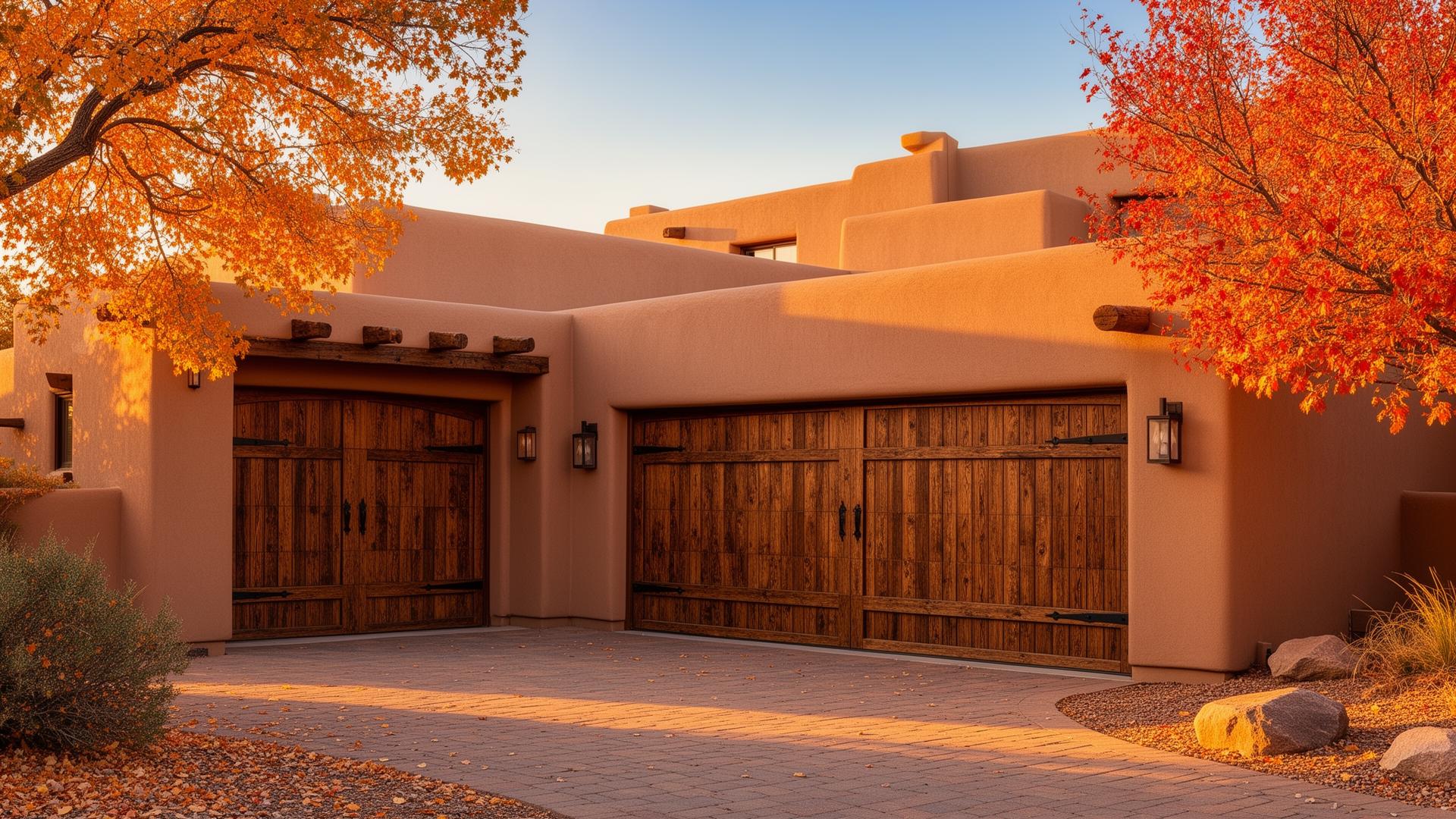 Beautiful rustic wood garage doors with iron strap hinges on Southwest adobe home in Rice, Washington